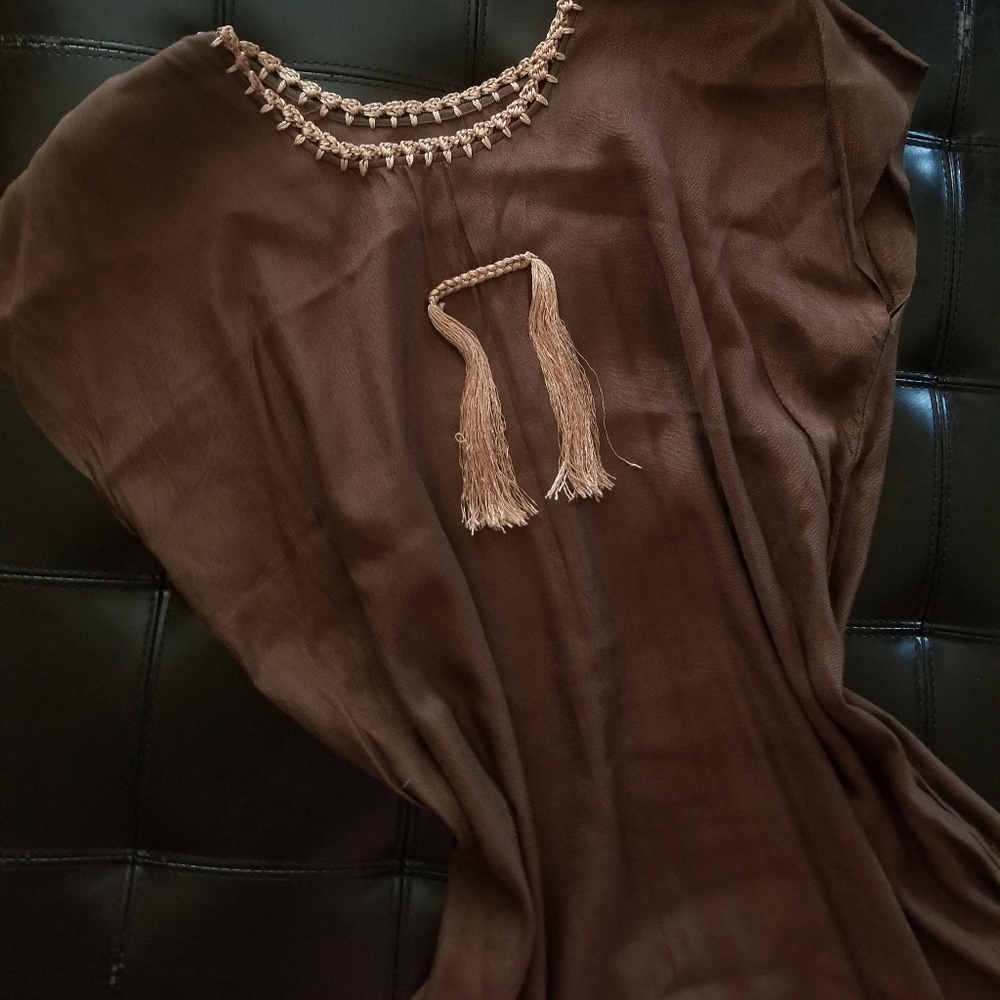 ❗Vintage Hand Embroidered Collar Mocha Brown Linen Dress Large❗